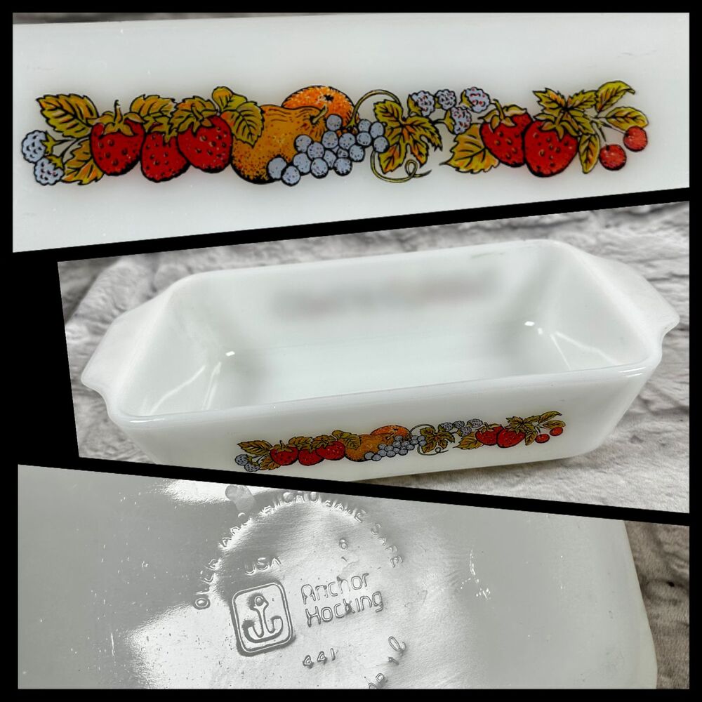 Vtg Thanksgiving Anchor Hocking 1Qt 5x9 Baking Dish Milk Glass Fruit Pattern 441